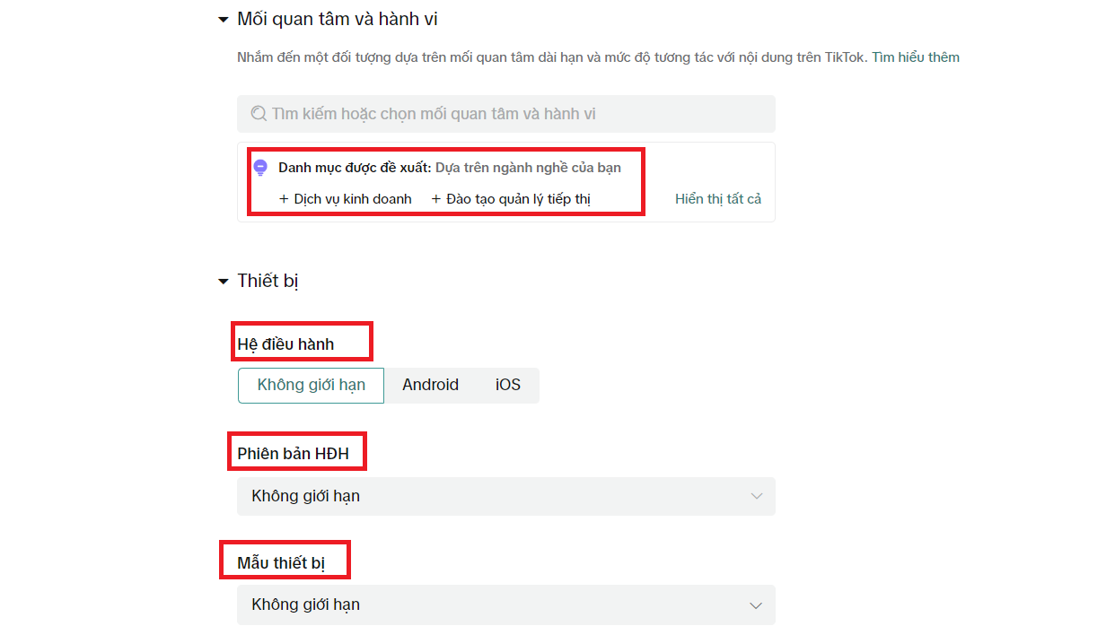 lựa chọn các mối quan tâm và hành vi mục tiêu