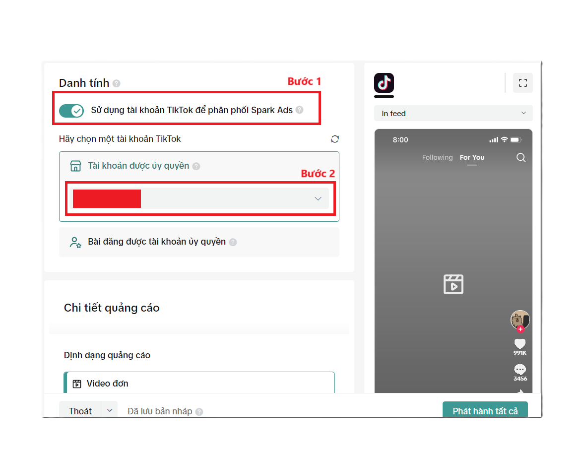 chọn spark ads để trải nghiệm những chức năng khác của tiktok