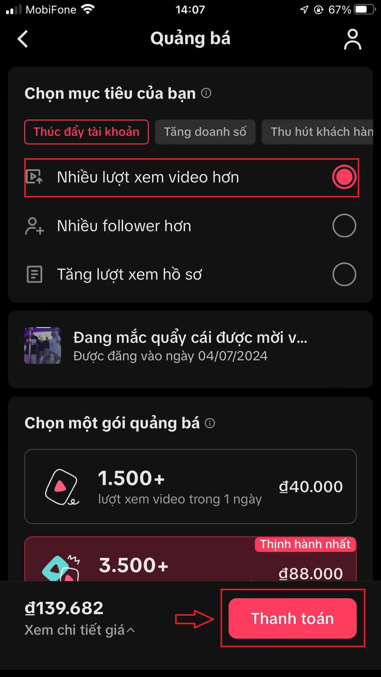 chọn mục tiêu và thanh toán