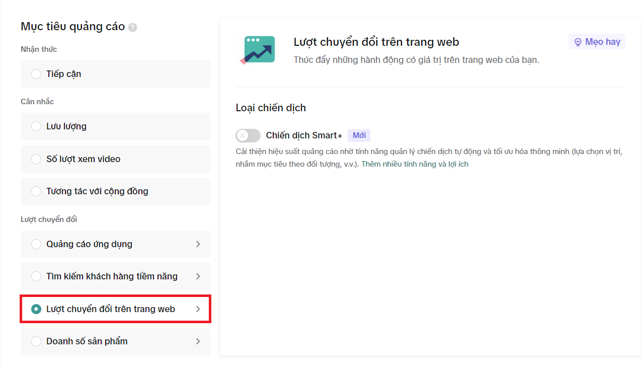 chọn mục tiêu là lượt chuyển đổi web