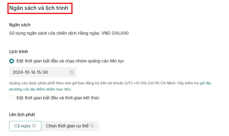 thiết lập thời gian bắt đầu và kết thúc
