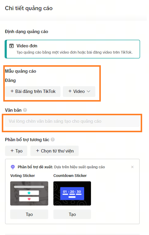Thết lập thông tin quảng cáo
