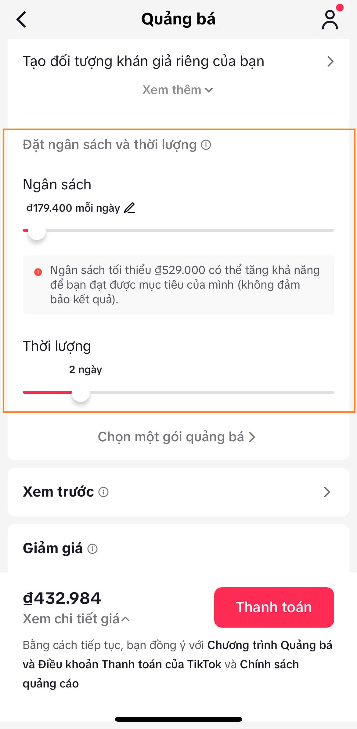 set up ngân sách và thời lượng quảng cáo