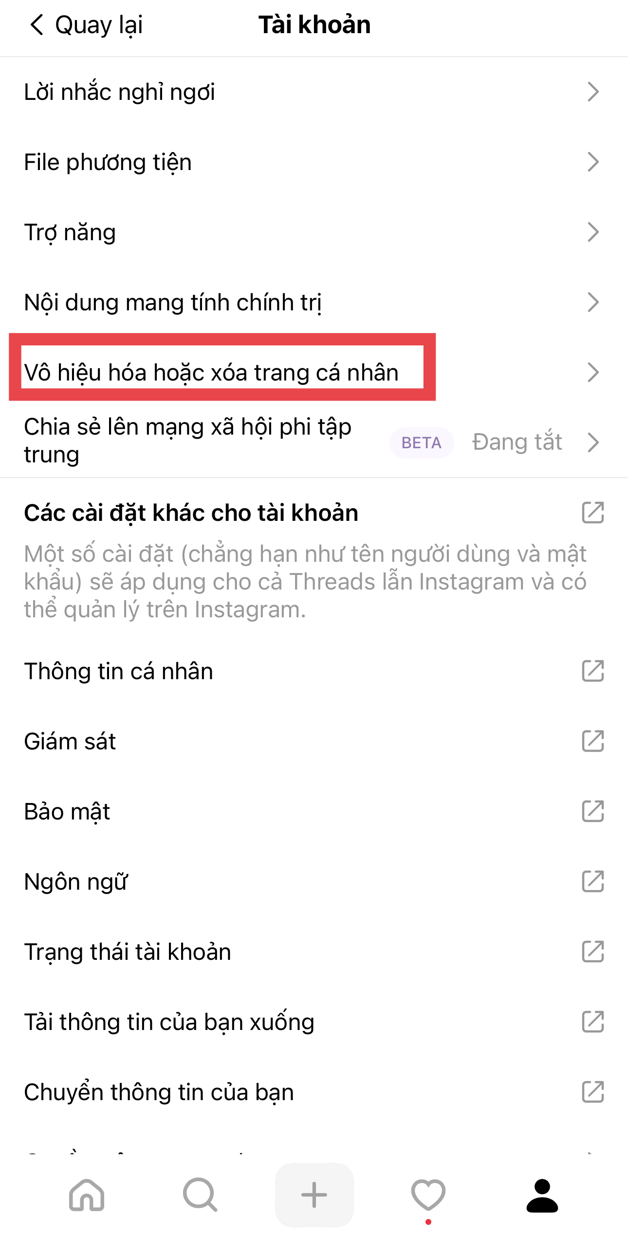 xoá tài khoản threads