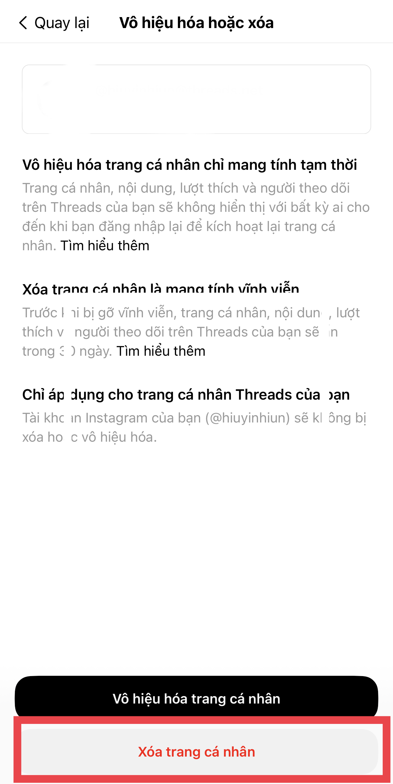 xoá tài khoản threads